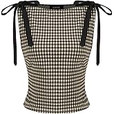 CIDER Tank Tops for Women Gingham Bow Tie Boat Neck Sleeveless Jacquard Slim Fit Top Blouses Womens Tops