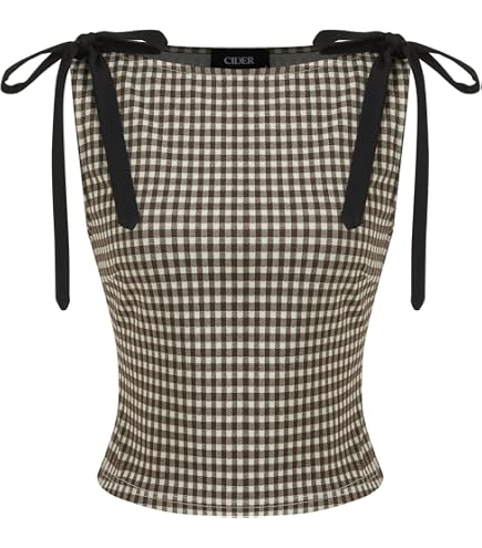 CIDER Tank Top for Women Boat Neck Gingham Slim Fit Bowknot
