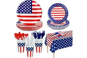 TURNMEON 137 PCS Patriotic Party Supplies American Flag Plates Banner Patriotic Decoration Dinnerware USA Tablecloth Disposable Napkins Cups Plastic Knife Fork and Spoon Red White Blue Decor Balloons