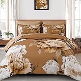 Dobuyly Brown Comforter Set Queen Size 7 Piece Bed in a Bag, Floral Printed on Brown Comforter Set with Sheets, Soft Microfiber Botanical Fall Complete Bedding Set for All Season