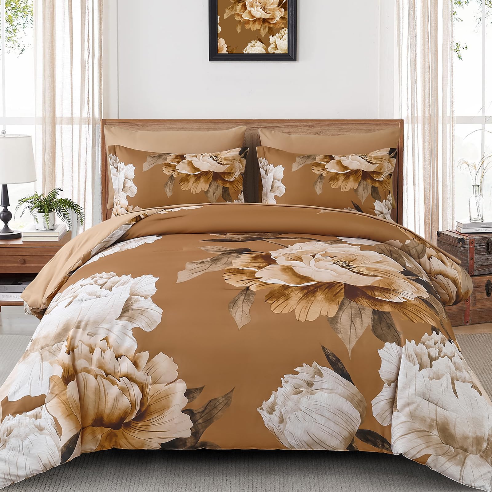 Photo 1 of Dobuyly Brown King Size Comforter Set 7 Piece Bed in a Bag, Floral Printed on Brown Comforter Set with Sheets, Soft Microfiber Botanical Fall Complete Bedding Set for All Season
