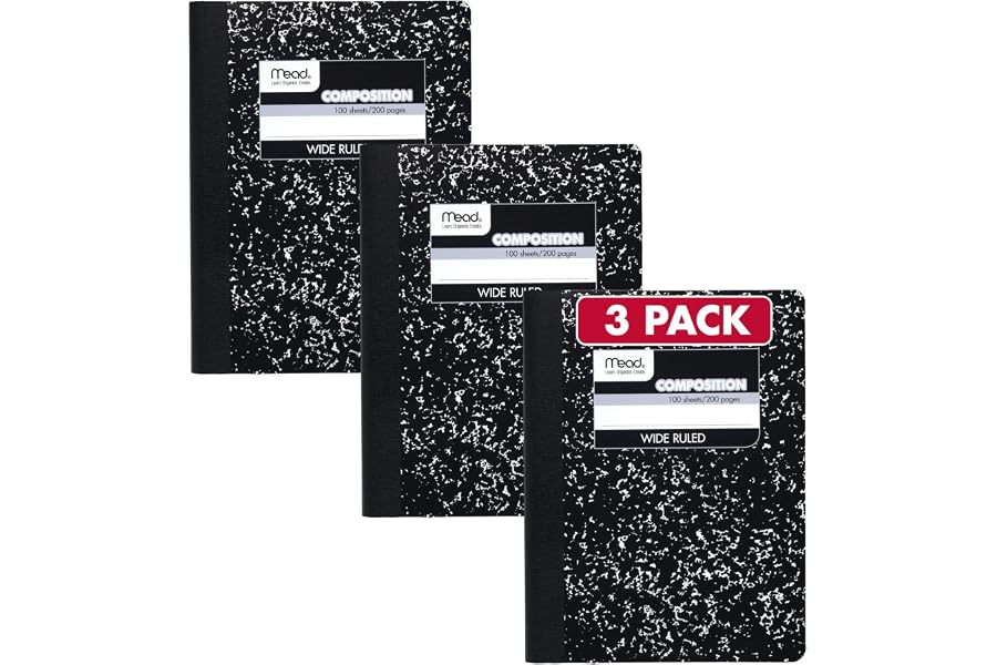 Mead Composition Notebook, Wide Ruled Paper, 7.5" x 9.75", 100 Sheets, Black Marble, 3 Pack (38301)