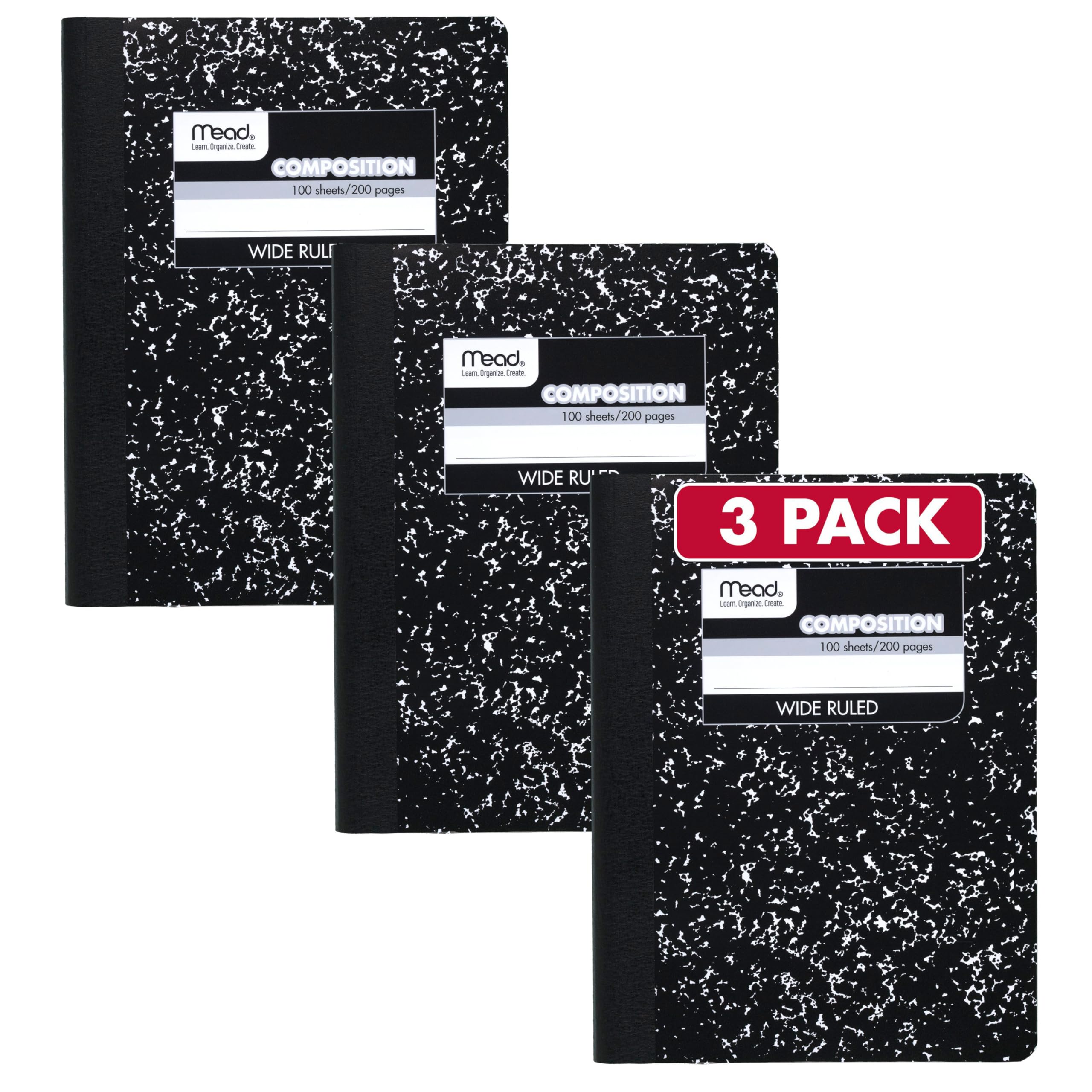 Mead Composition Notebook, Wide Ruled Paper, 9-3/4" x 7-1/2", 100 Sheets per Notebook, Black Marble (38301), Pack of 3