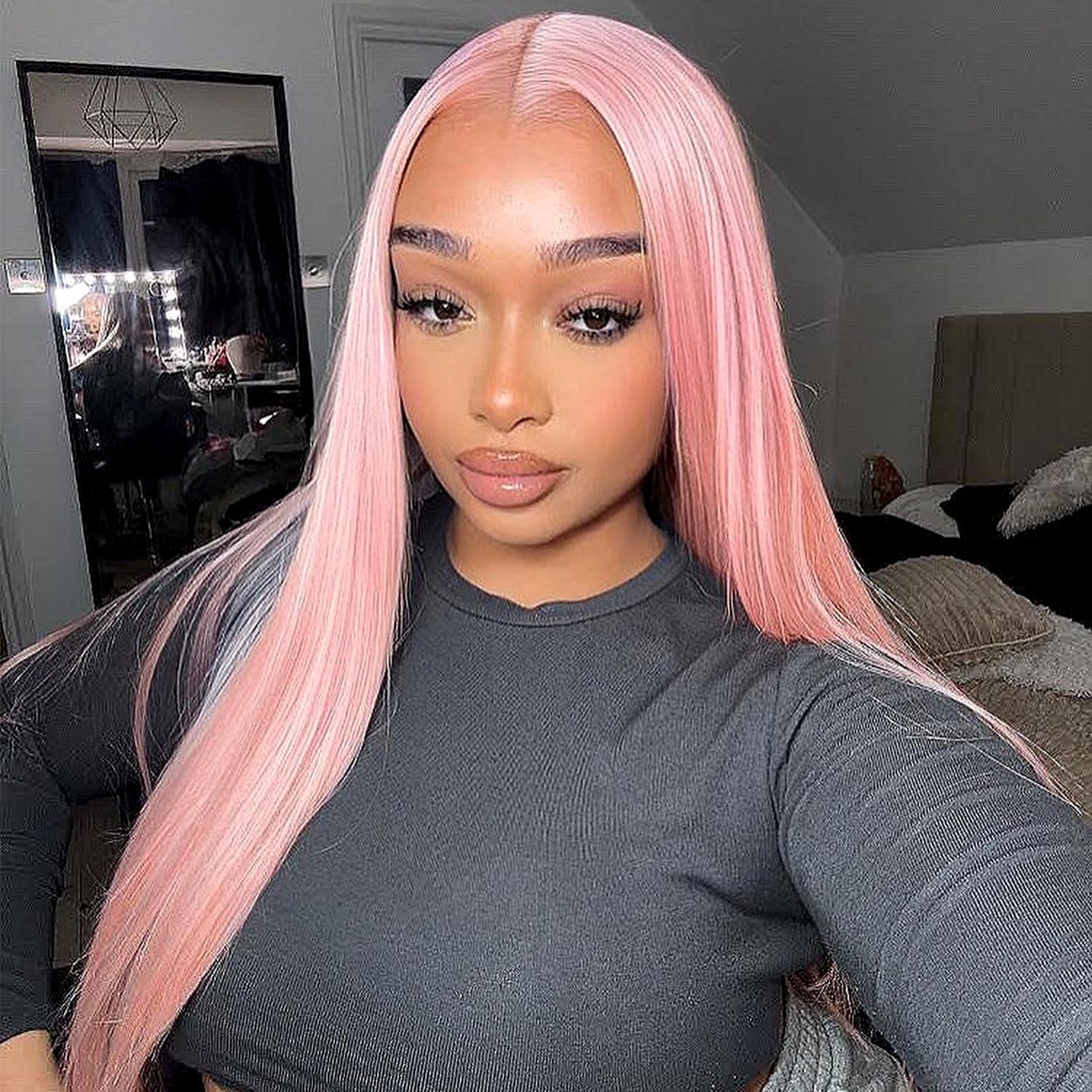 Photo 1 of **STARTING TO TANGLE NEEDS TLC** BrownBomb Straight Lace Front Wig Pre Plucked, Synthetic Lace Front Wig Pre Plucked, HD Glueless Wigs 13X5X1 Lace Wigs for Women 180 Density 26inch (26, Pink)