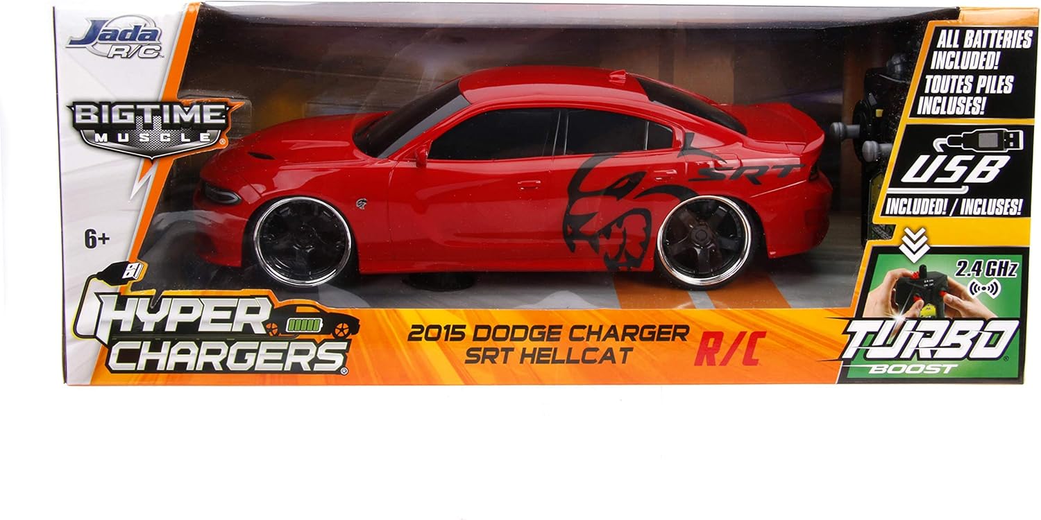 Amazon Com Jada Toys Big Time Muscle Hyperchargers Rc 15 Dodge Charger Srt Hellcat Usb Charging 2 4ghz Glossy Red Toys Games