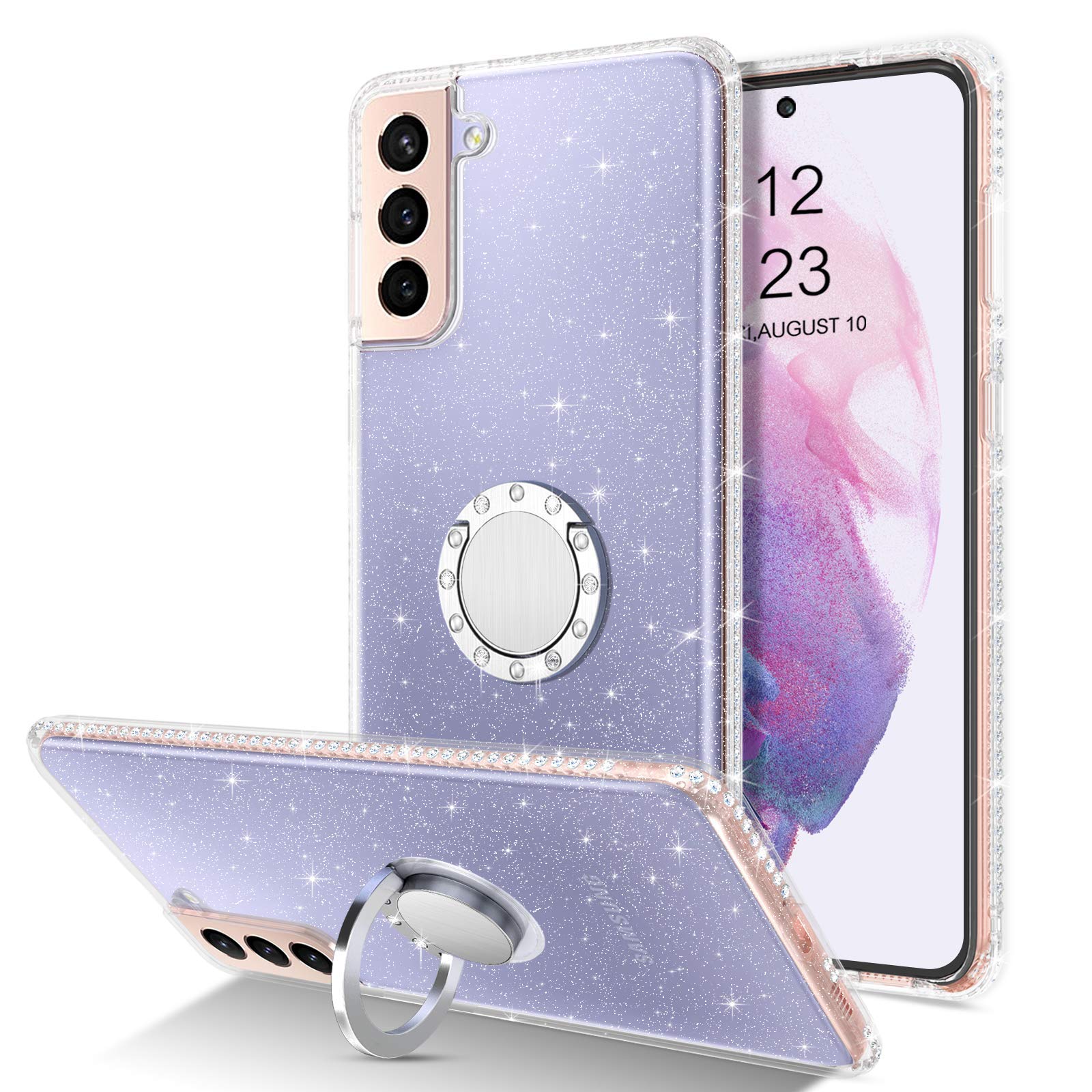 YINLAI Samsung Galaxy S21 Plus Case, Samsung S21 Plus Case Transparent Glitter Sparkle with 360° Ring Holder Kickstand Soft Silicone TPU Protective Phone Cover Cases for Samsung S21 Plus,Crystal Clear