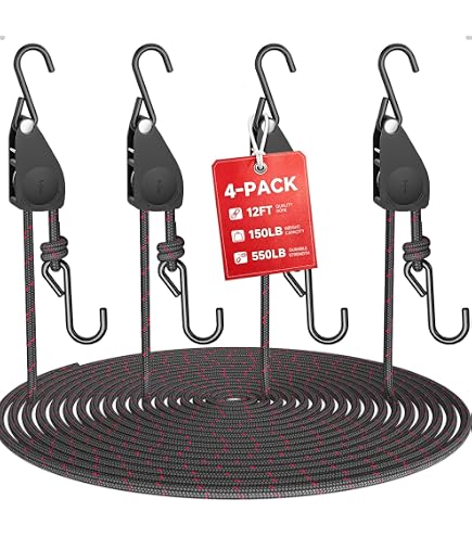 4-Pack 1/4-Inch Adjustable Ratchet Tie-Down Straps – 12 Ft Each, 150 Lbs Capacity, Nylon Rope With S-Hooks – Great For Kayaks, Trucks, Tents & Moving
