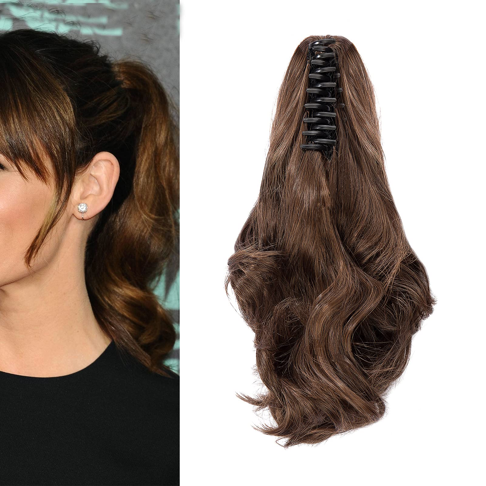 Cybelleza 12 inch Ponytail Hair Extension Curly Wavy Claw Jaw on Long Short Cute Pony Tails Clip in Hair Extensions Hairpieces Synthetic for Women (Dark Brown&Light Auburn)