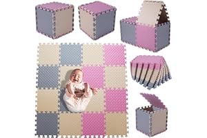 Coolcandy Foam Play Mat(16 Pcs/Set), Multi-Colored Play Mat for Baby, EVA Non-Toxic Interlocking Foam Puzzle Floor Mats, 0.4" Thick Square Kids Playmat for 47 * 47" Playpen(Beige/Gray/Pink)