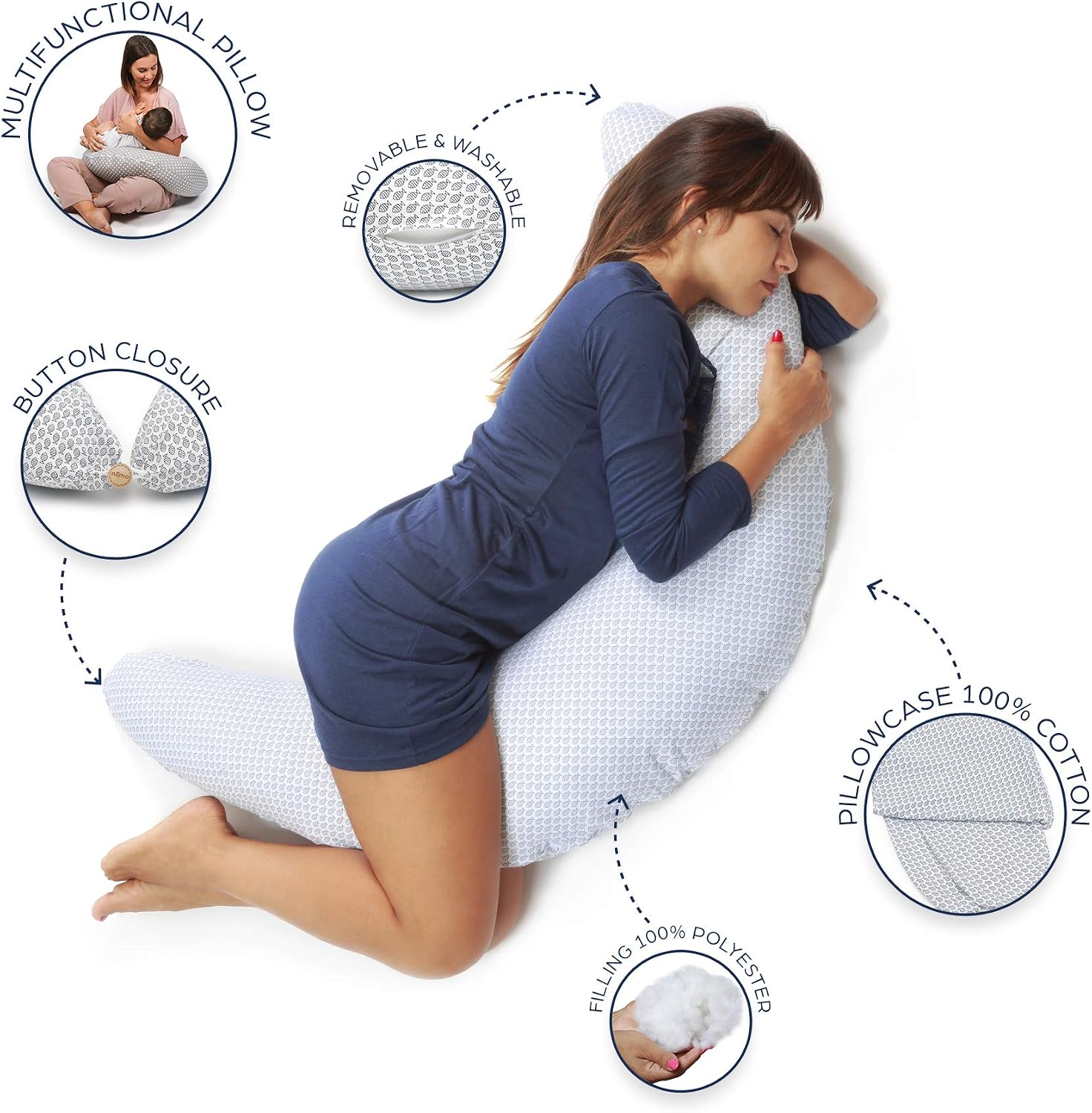 Niimo XXL Pregnancy Pillow & Nursing Pillow - 2-in-1 Design with a 100% Cotton Cover, Machine-Washable, Blue Fish (200 x 70 cm) - Image 3