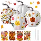 Leinuosen 104pcs Fall Pumpkin Craft Kit, Brown Leaves, 6.3'', White | 4 Foam Artificial Pumpkins Art &amp; Dried Flower DIY Kit for Girl Night Craft Club Activity Thanksgiving Decor