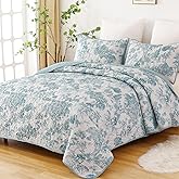 WONGS BEDDING Botanical Quilt Set King Size, Blue 3 Pieces Toile Floral Plants Printed Bedspread Bedding Set Soft Lightweight Microfiber Coverlet Set for All Season (104"x90")