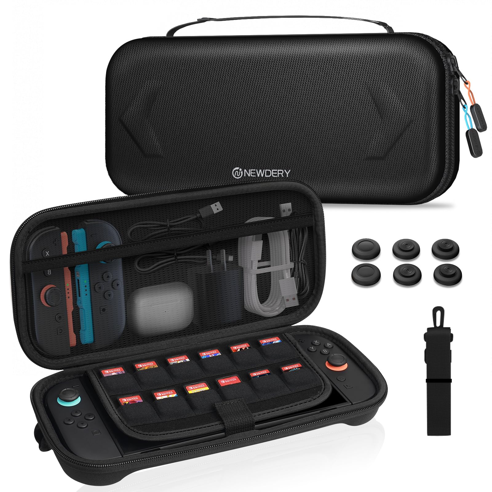 NEWDERY Carrying Case for Nintendo Switch 2, Portable Large Capacity Hard Shell with Adjustable Shoulder Strap for Switch 2 Travel Case with 12 Game Card Slots 6 Thumb Grip Caps – Black