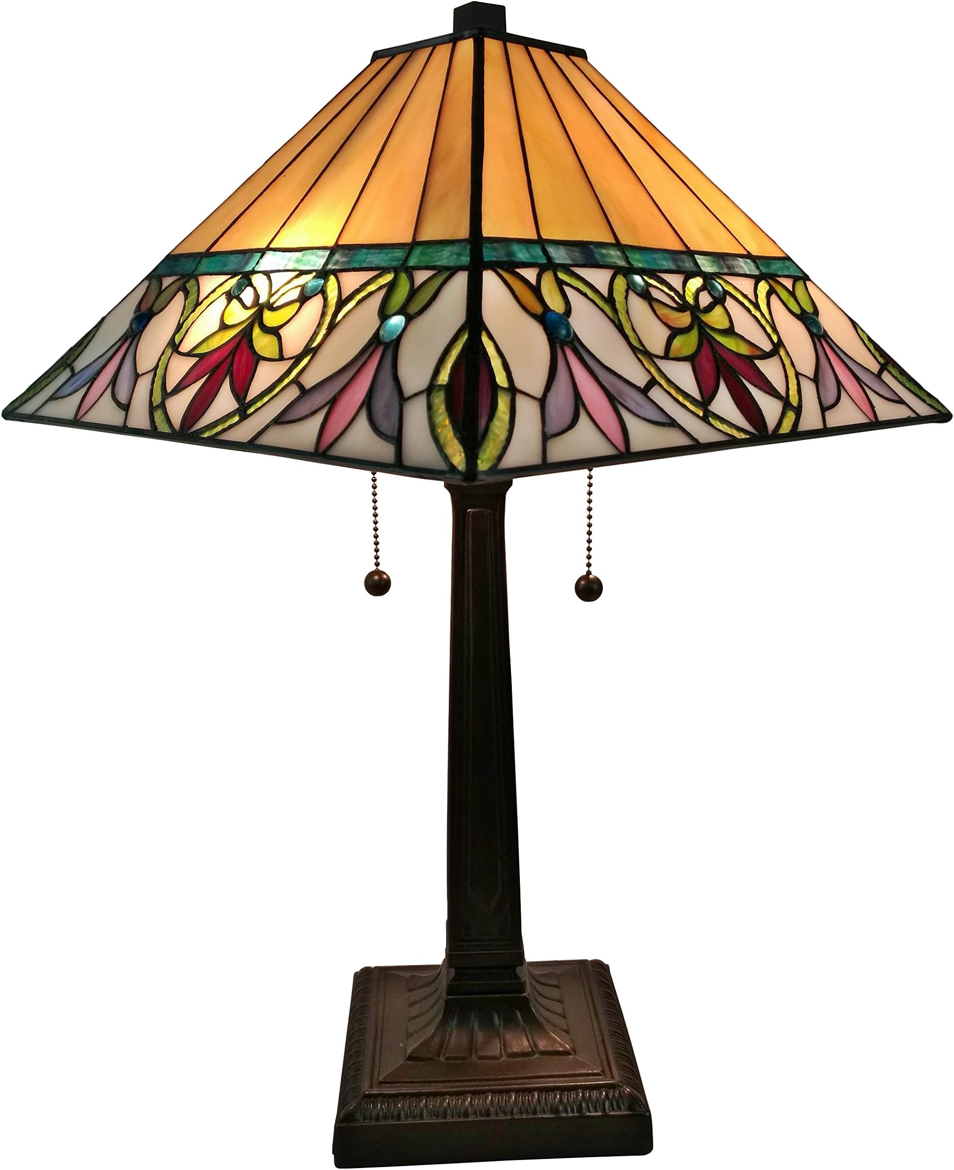 Tiffany Style Table Lamp Banker Mission 22" Tall Stained Glass Tan Red Orange Green Vintage Antique Light Décor Living Room Bedroom Night Stand Handmade Gift AM302TL14 Amora Lighting