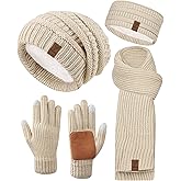 Women Beanie Scarf Gloves Headband Set, Winter Fleece Lined Hat Ear Warmer Knit Scarf Women Gloves Gift Set 4 in 1