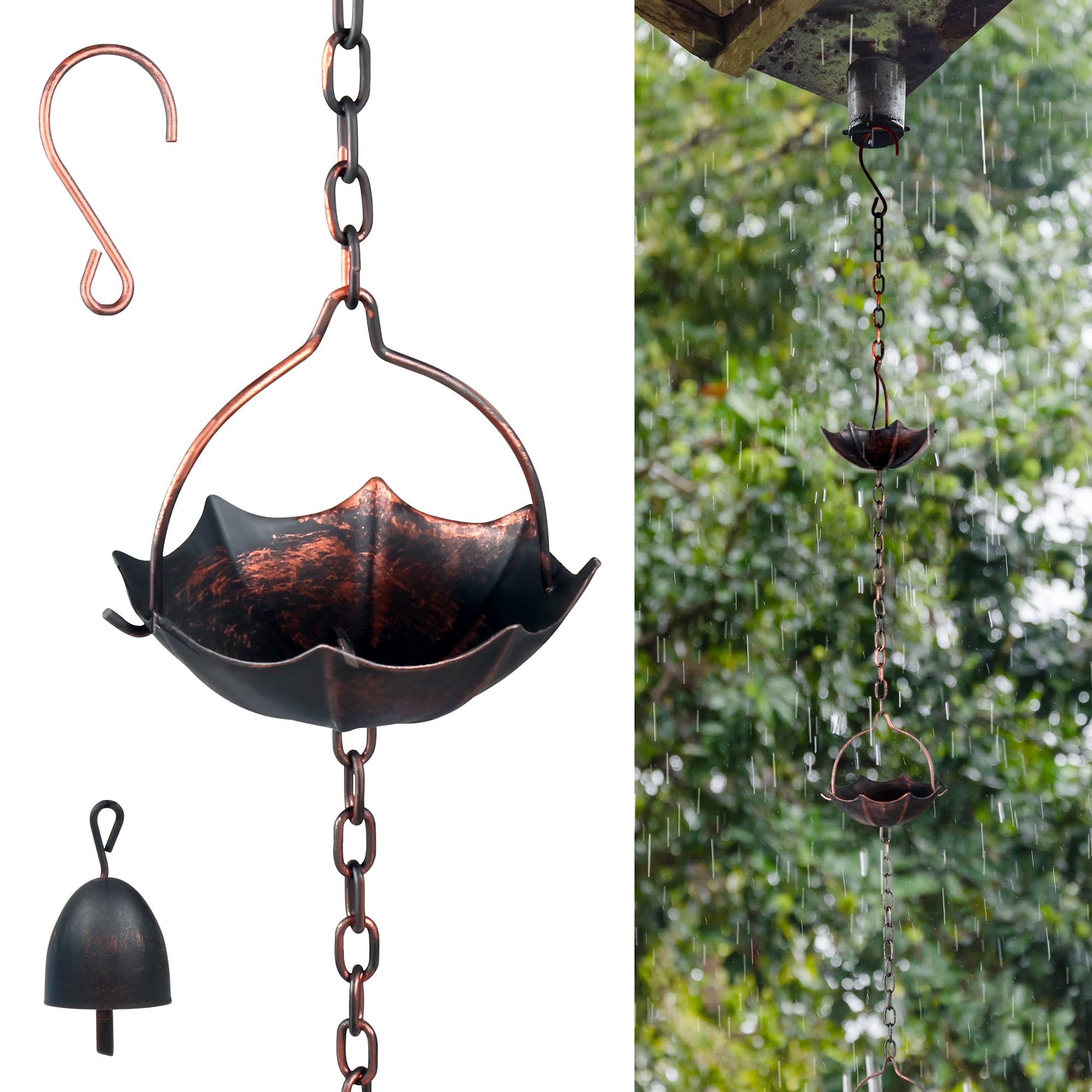 Photo 1 of Invech Adjustable Rain Chains for Gutters, 12.5FT Outside Rain Chains with 12 Cups, Umbrella Shaped Rain Catcher Chain with Bell for Eaves Drainage, Replacement for Downpout