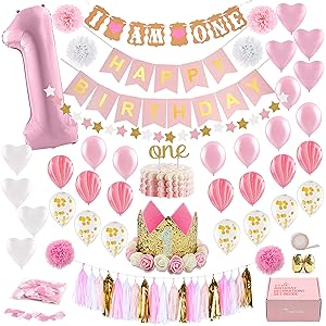 Baby Girl First Birthday Decorations with Birthday Crown - 1st Birthday Girl Decorations - Pink and Gold Party Supplies - Number One, Heart and Confetti Balloons, Happy Birthday Banner...