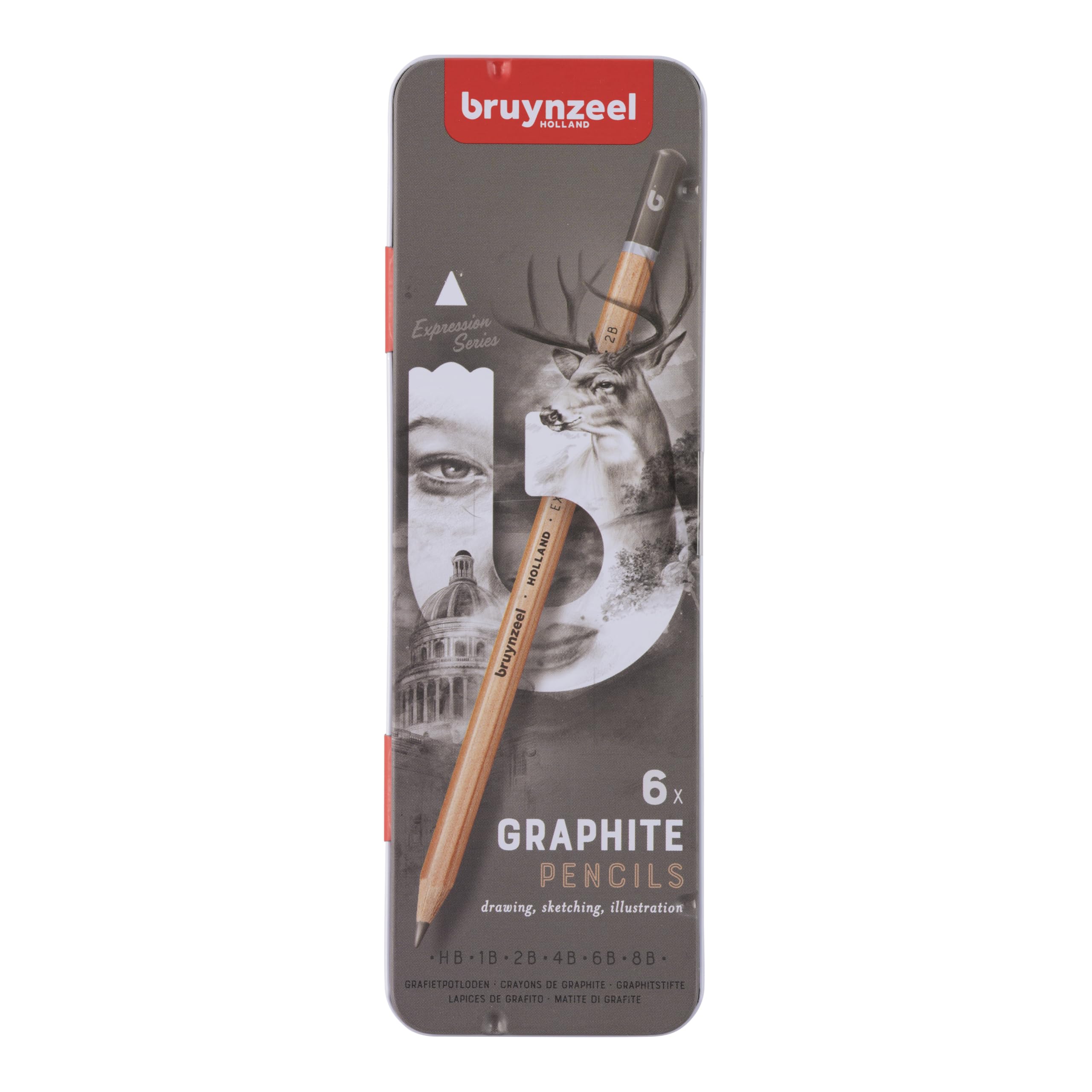 Bruynzeel Expression Graphite Pencil Tin - 6 Pieces - High Quality Strong Core - Perfect Hardness Balance