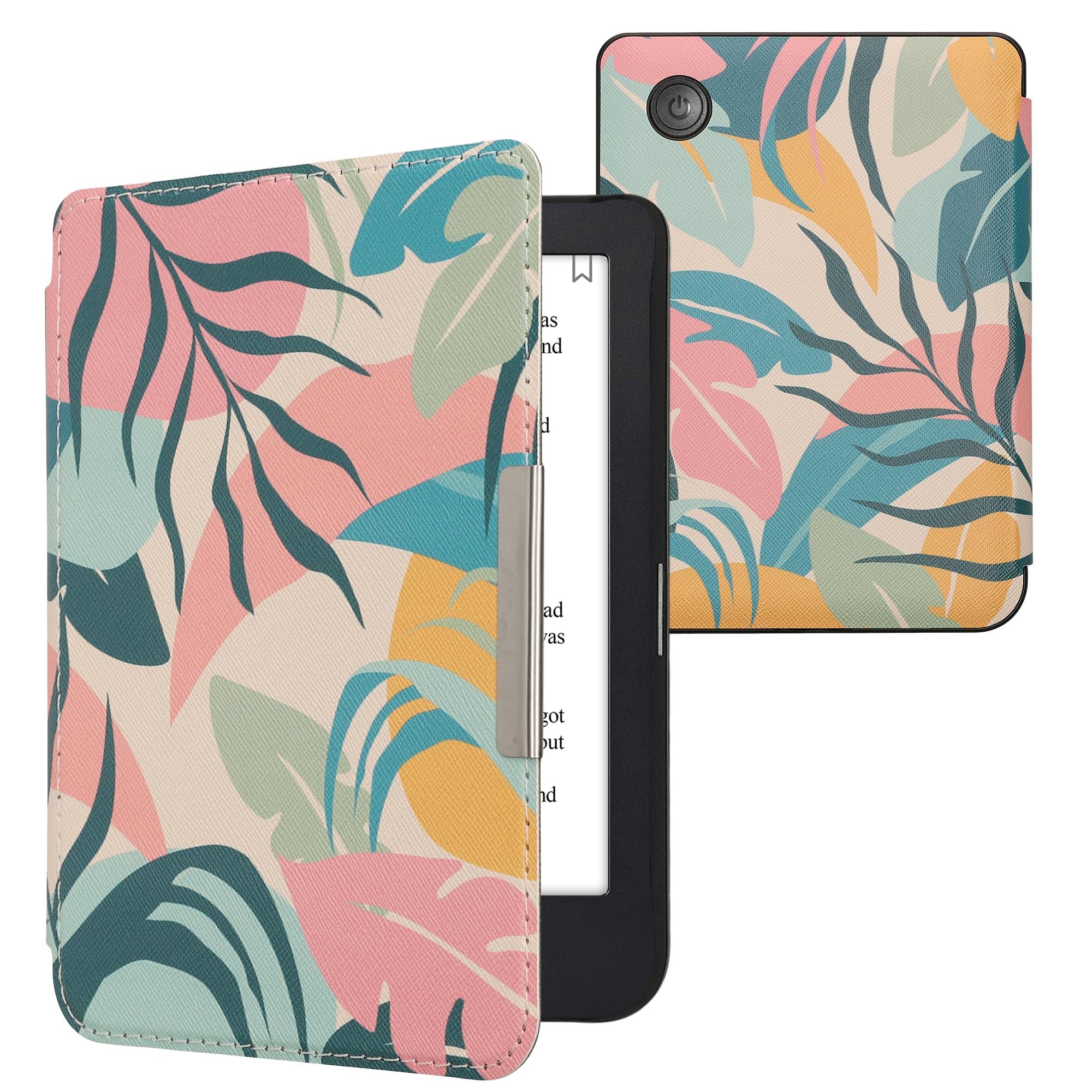 kwmobile Cover for Kobo Clara 2E / Tolino Shine 4 Case - eReader Cover with auto sleep funktion - Tropical Jungle with Pink/Yellow/Green