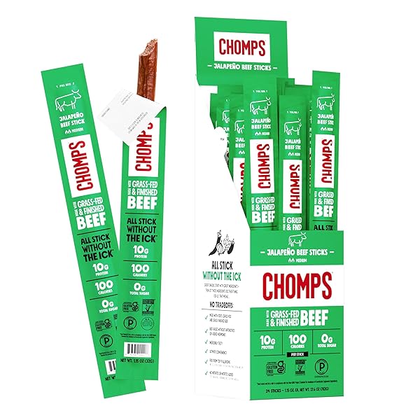 CHOMPS GRASS-FED AND FINISHED JALAPEÑO BEEF JERKY SNACK STICKS 24-PACK – KETO, PALEO, WHOLE30, 10G LEAN MEAT PROTEIN, GLUTEN-FREE, ZERO SUGAR FOOD, NON-GMO