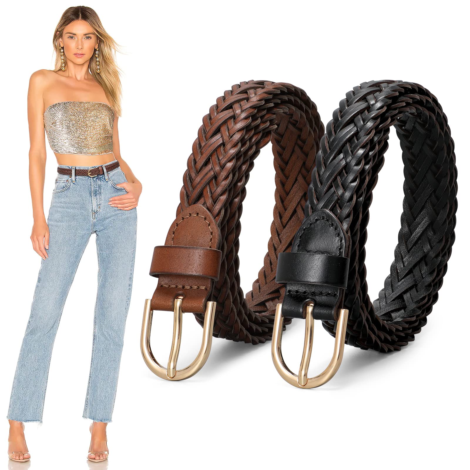 Photo 1 of JASGOOD 2 Pack Women Skinny Leather Belts Thin Braided Leather Belts Casual Woven Waist Belt for Jeans Pants Dresses