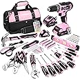 WORKPRO Pink Household Tool Kit with Drill, 157PCS Tool Set with 20V Cordless Lithium-ion Drill Driver, Home Tool Kit for All Purpose, Power Drill Sets with Pink Tool Bag - Pink Ribbon