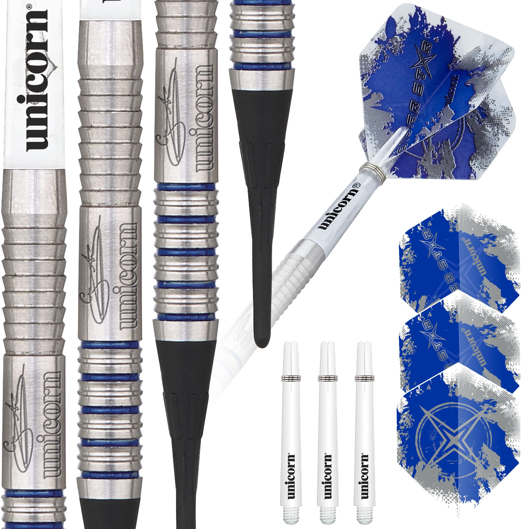 Unicorn Soft Tip Professional Darts Set | Gary 'The Flying Scotsman' Anderson Silver Star | 80% Natural Tungsten Barrels with Blue Accents | 17g