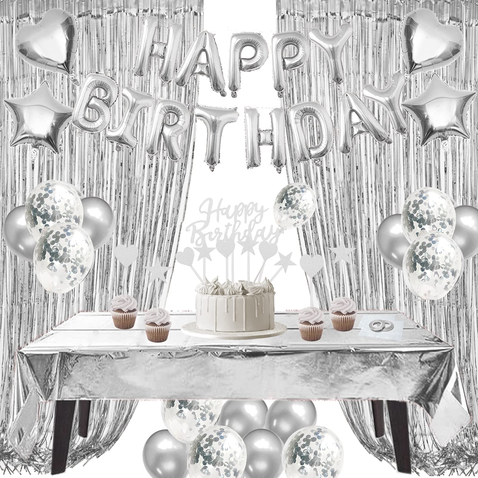 ZERODECO Birthday Decorations Silver, Foil Happy Birthday Balloon Banner Tablecloth Fringe Shiny Curtains Cake Flag Star and Heart Balloons Confetti Latex Balloons for Birthday Party