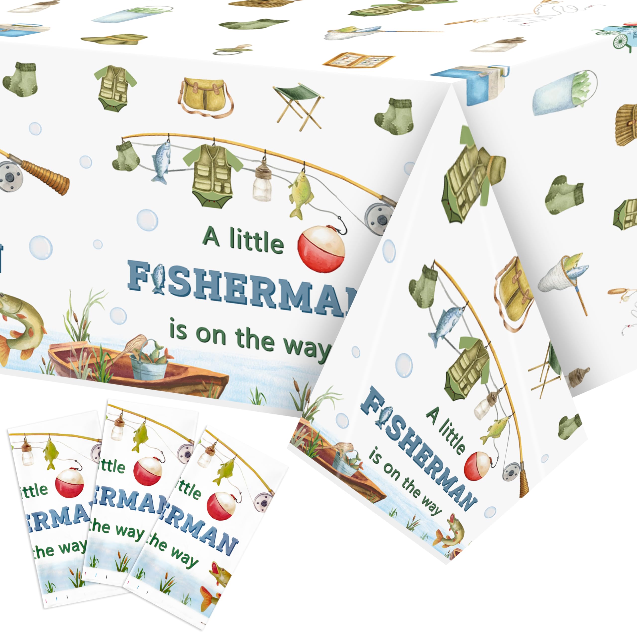 Photo 1 of ANGOLIO 3Pcs Fishing Party Tablecloth Decorations Fishing Baby Shower Decorations It’s a Boy Theme Disposable Table Cover Decor for Kids Gender Reveal Little Fisherman Themed Birthday Party Supplies