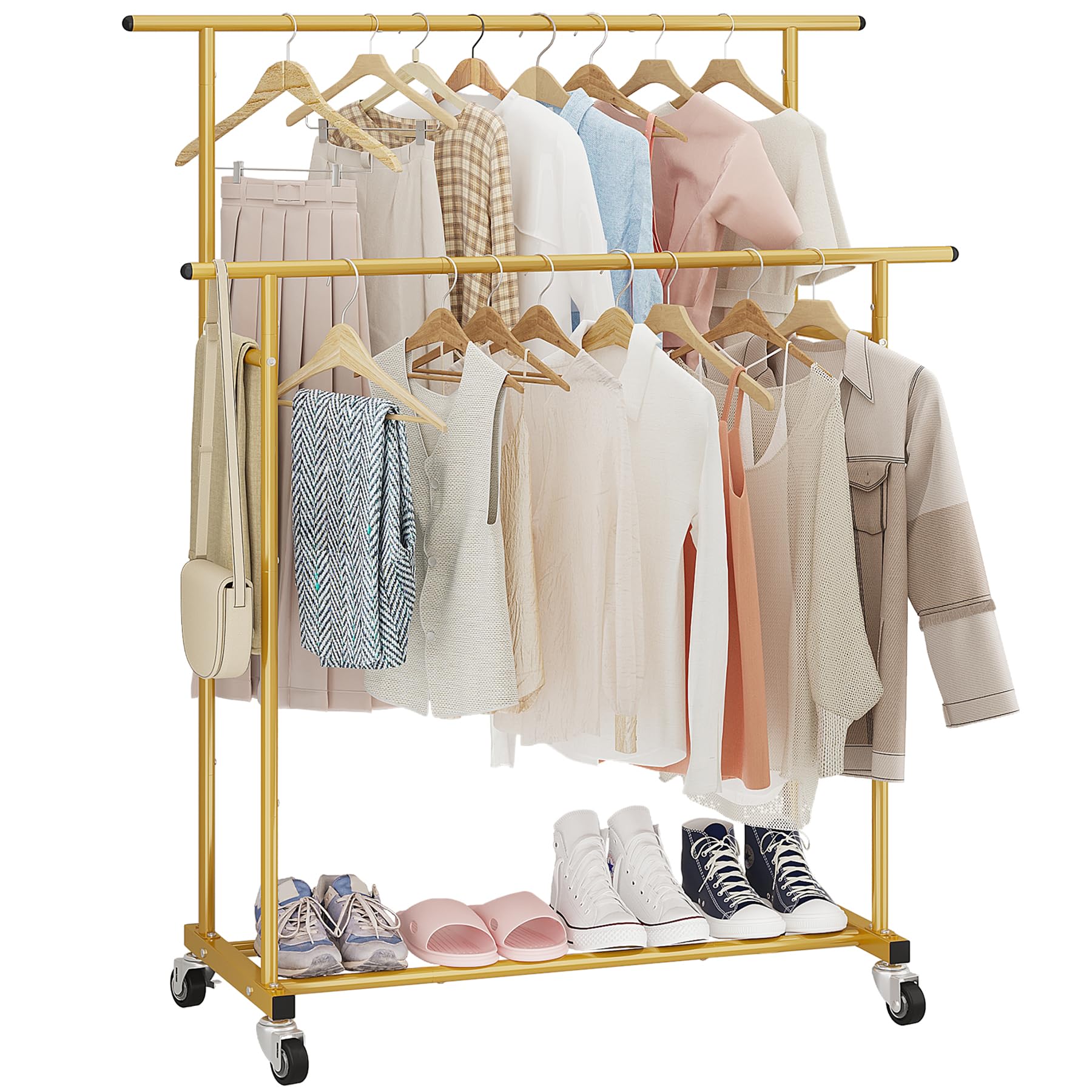 Photo 1 of Calmootey Double Rod Clothing Garment Rack,Rolling Hanging Clothes Rack,Portable Clothes Organizer for Bedroom,Living Room,Clothing Store,Gold