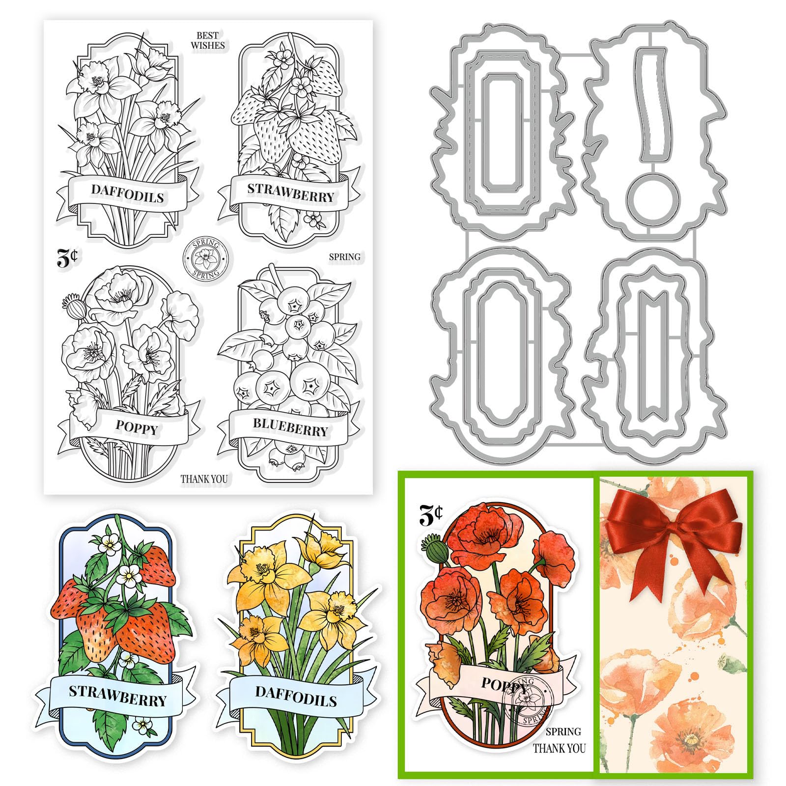 INFUNLY Spring Flower Clear Stamps and Dies Set Strawberry Floral Transparent Silicone Stamps Label Cutting Die for Card Making DIY Craft Scrapbooking St. Patrick's Day Easter Card Decor
