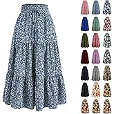 Women's Floral Maxi Skirt Drawstring High Waisted A Line Long Flowy Skirts Casual Pleated Tiered Boho Beach Skirts