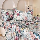 Huborise Blue Floral Bed Sheets Set 100% Cotton Percale Sheets King Size Shabby Vintage Chic Peony Patterned Sheets, Soft & Breathable Cottagecore Bedding, Deep Pocket Fitted Sheet 4 Pcs