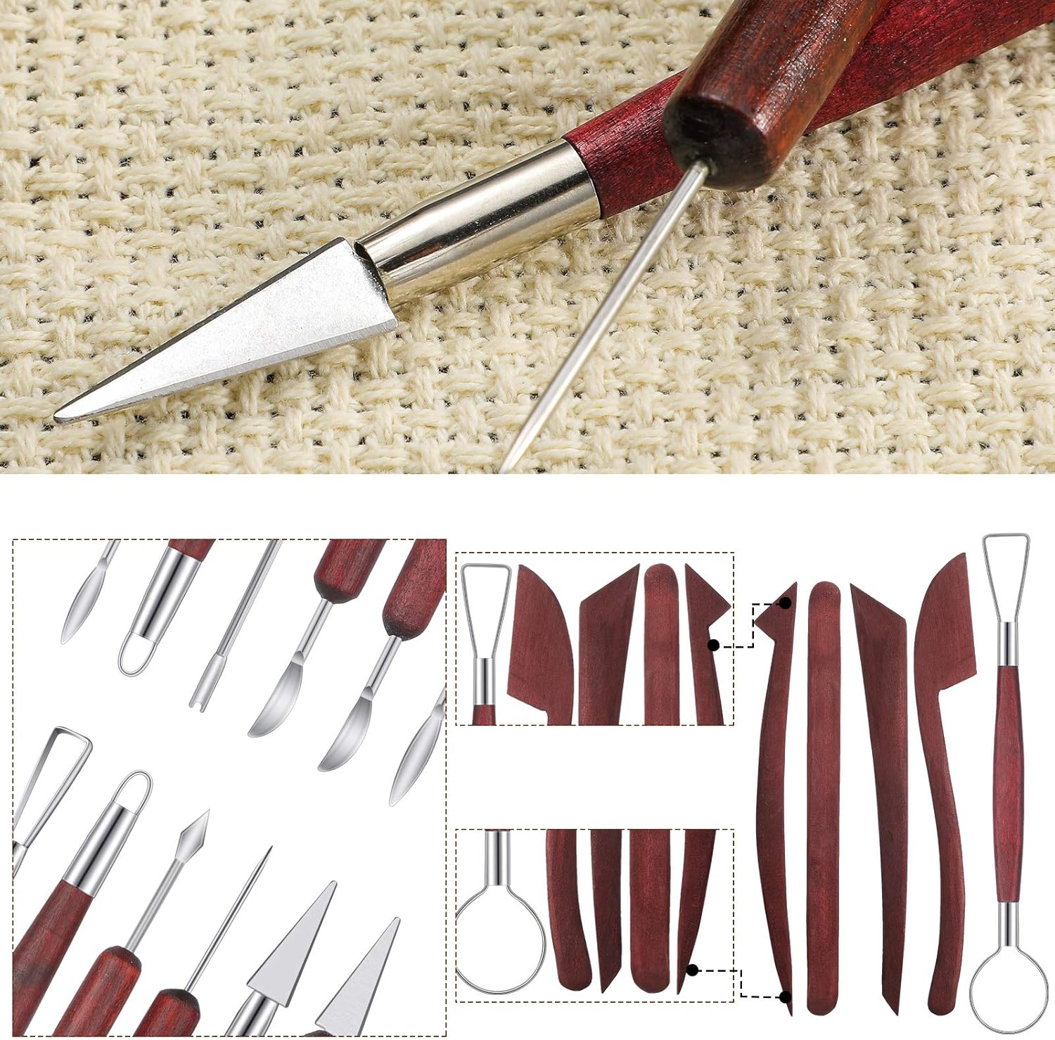 11 Pieces Wooden Handle Clay Pottery Sculpting Tools Clay Sculpting Set Modeling Clay Tools Double-Sided Carving Tool Kit with Storage Bag for Sculpture Clay Carving Pottery Carving Supplies