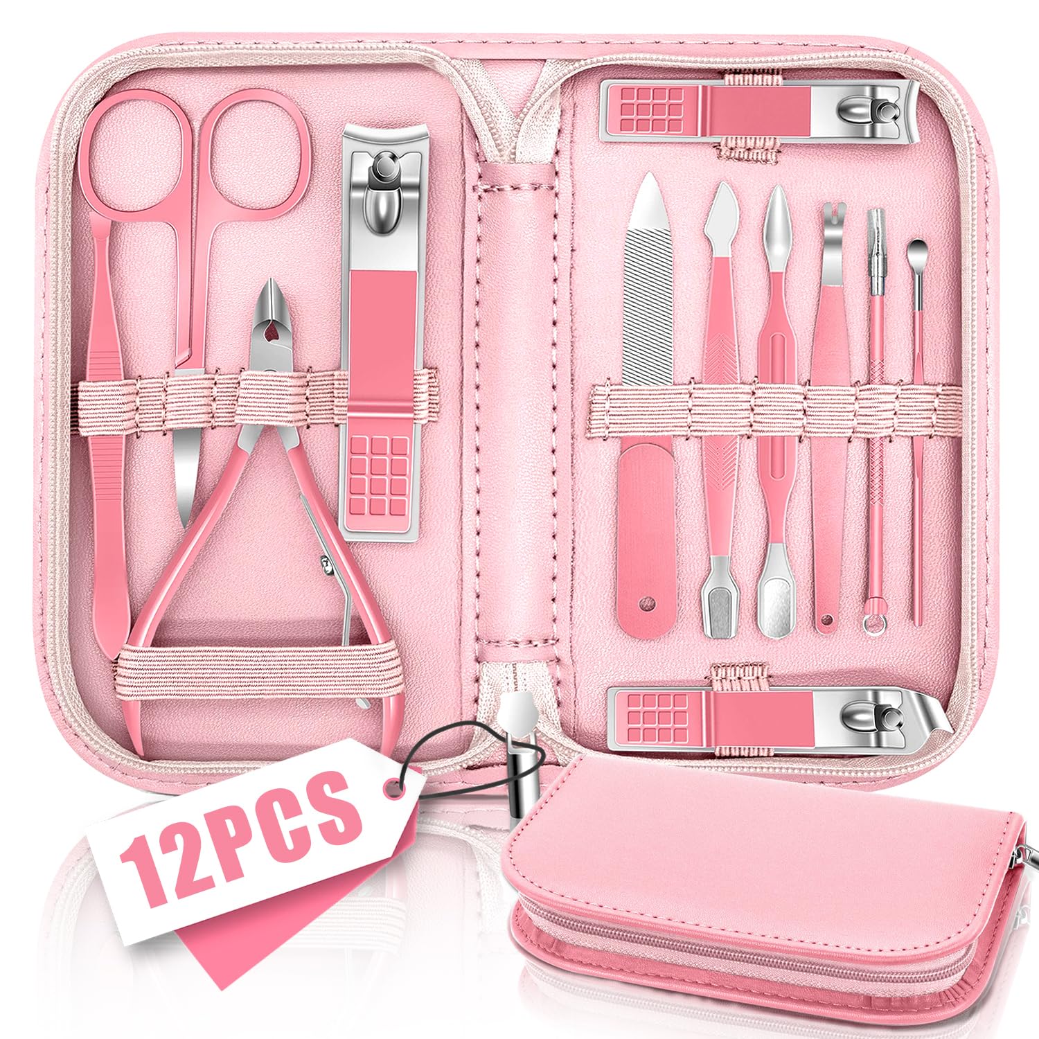 Manicure Set Nail Clipper 12 in 1, Professional Pedicure Nail Kit Manicure Set, Women Men Nail Grooming Kit, Manicure & Pedicure Tools & Accessories, Nail Care Tool with Pink Leather Travel Home