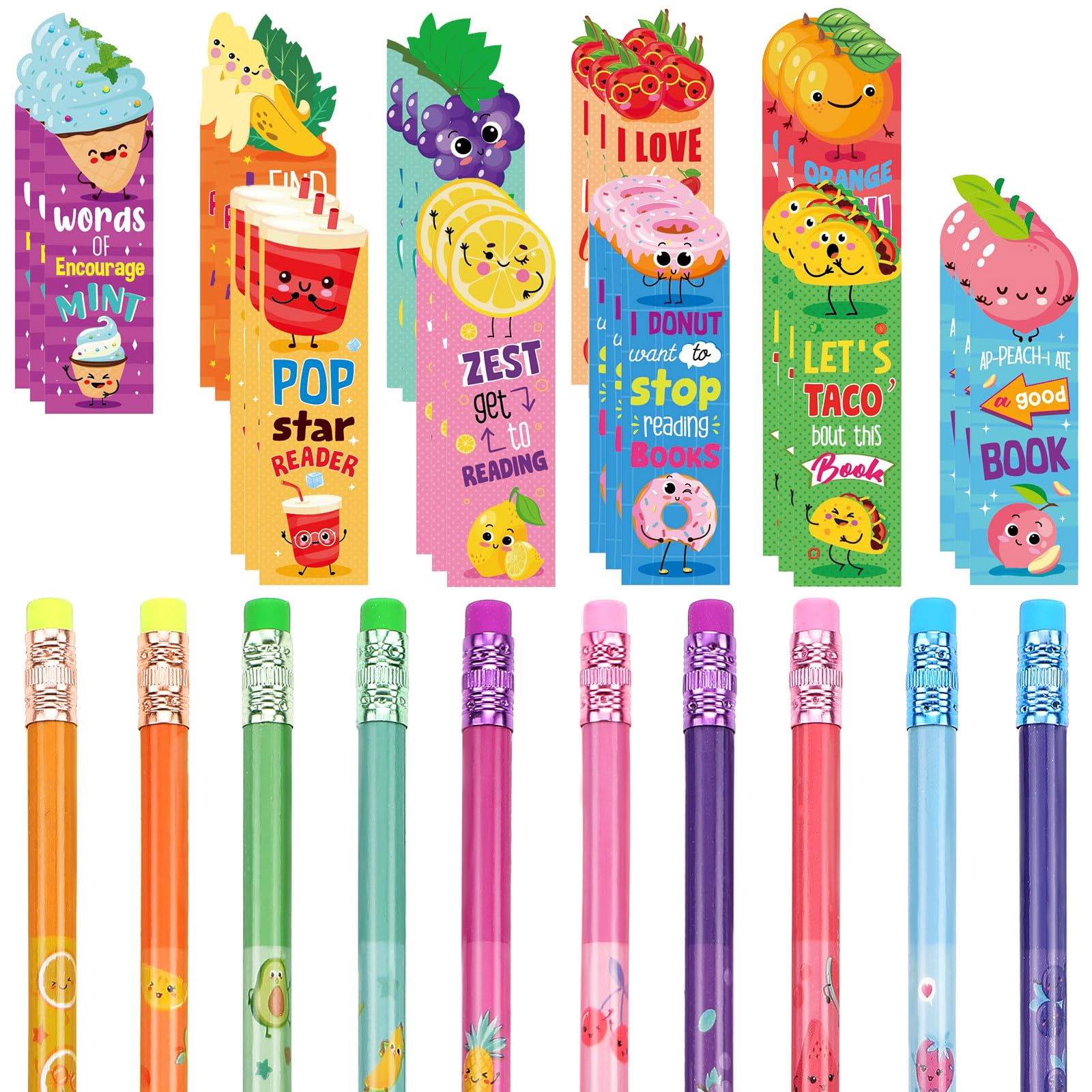 Photo 1 of Teling 60 Pcs Inspirational Scented Pencils and Scented Bookmarks Sets Funny Smelly Pencils with Eraser Fruit Theme Bookmarks Cute Stationery Bulk for Reading Rewards Party Favors