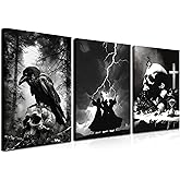 Framed Dark Gothic Canvas Wall Art Set of 3, Creepy Witchy Halloween Wall Decor Paintings, Crow and Skull Goth Aesthetic Posters Prints for Living Room Bedroom Bathroom Home Decor 12x16In