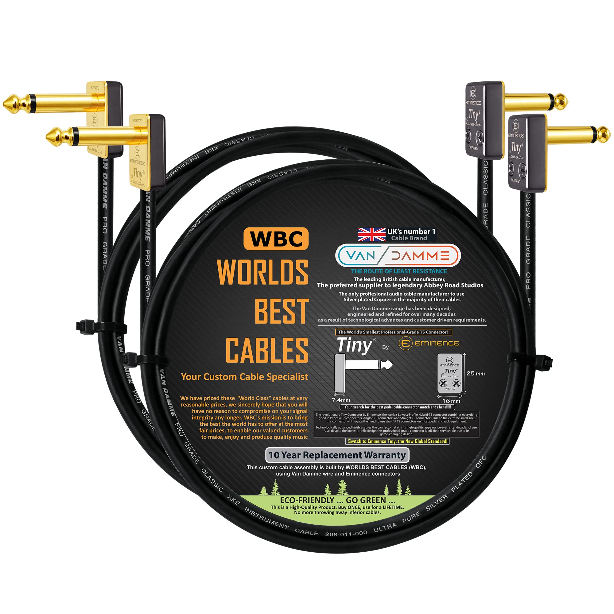 2 Units - 3 Meter - Van Damme Pro Grade Classic XKE – Premium Silver-plated OFC, Flexible Shielded Guitar Bass Instrument Effects Pedal Patch Cable w/ Eminence Tiny Gold Plated Angled TS Connectors