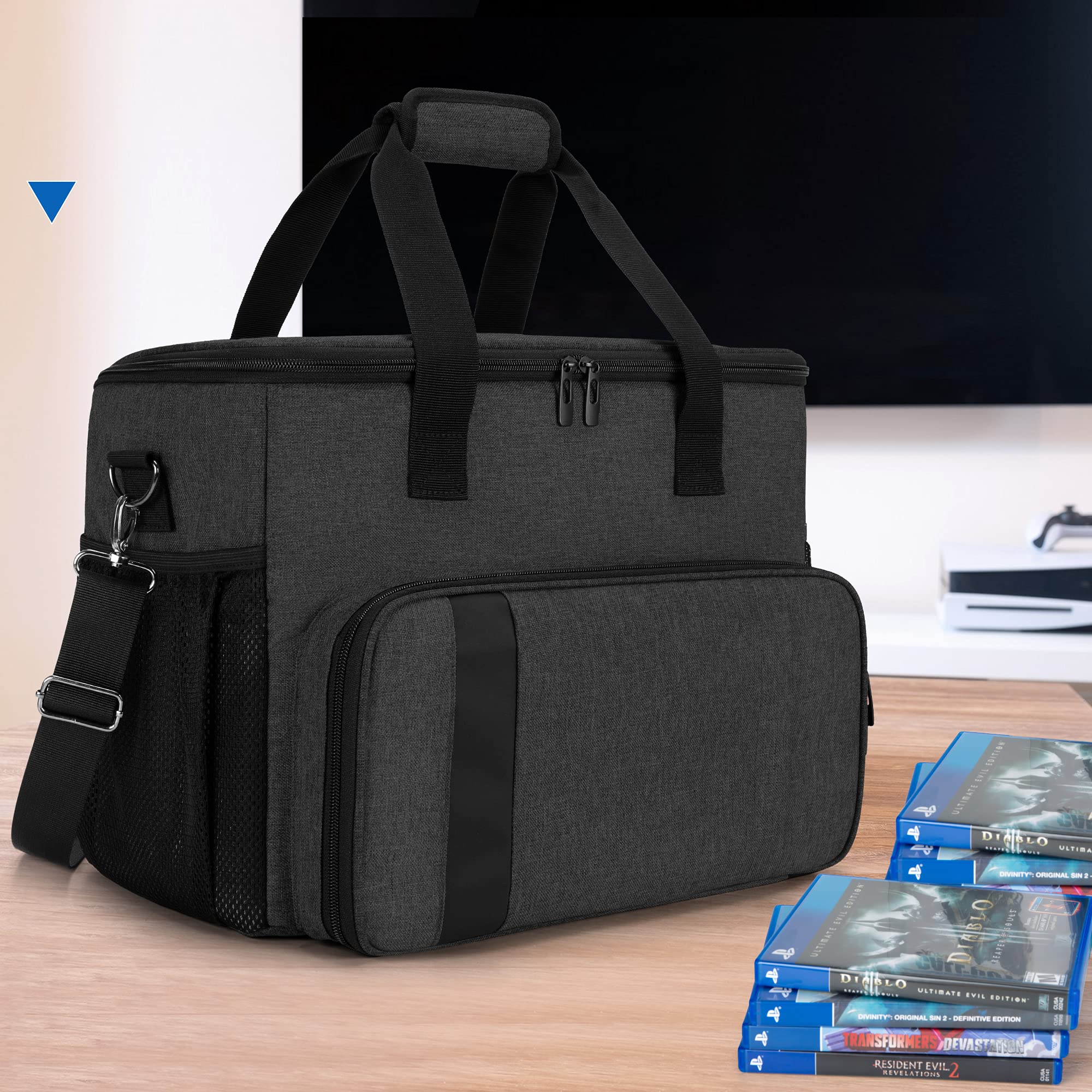 CURMIO Tragetasche für PS5, PS4, PS4 Pro, Xbox Series S, Xbox One and Xbox 360, Tragebare Aufbewahrungstasche für PlayStation Konsole, PS5 Reisetasche für Controller, Kabel (Leere Tasche), Schwarz 6