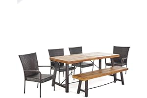Christopher Knight Home Salla Outdoor Acacia Wood Dining Set with Wicker Stacking Chairs, 6-Pcs Set, Teak Finish / Rustic Metal / Multibrown