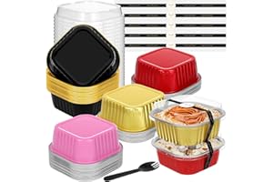 JuneHeart Mini Cake Pans with Lids and Spoons (50 Pack, Mixed Color, 10oz) Aluminum Foil Square Muffin Pans - Mini Aluminum Pans with Lids for Dessert and Party