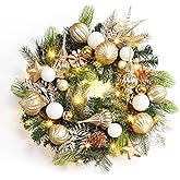 Garvee Christmas Wreath with Lights for Front Door, 24in Large Outdoor Christmas Wreaths, Battery Operated Prelit Xmas Wreath with Gold White Ball Ornaments for Fireplace Window Wall Decor