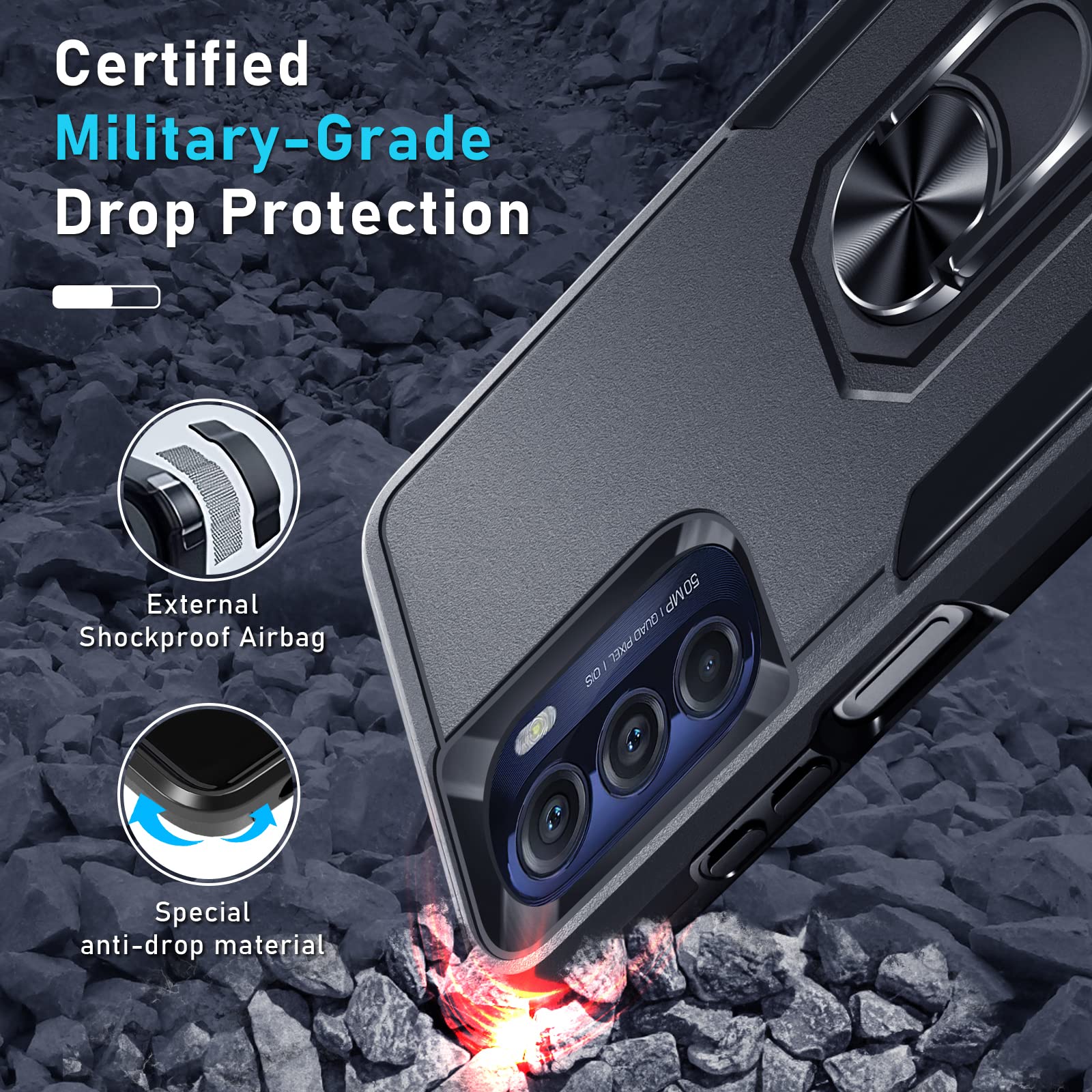 Janmitta Motorola Moto G 5G 2022 Case with Screen Protector[2 Pack], Heavy Duty Shockproof Full Body Protective Phone Cover,Built in Rotatable Magnetic Ring Holder Kickstand,Black Matte