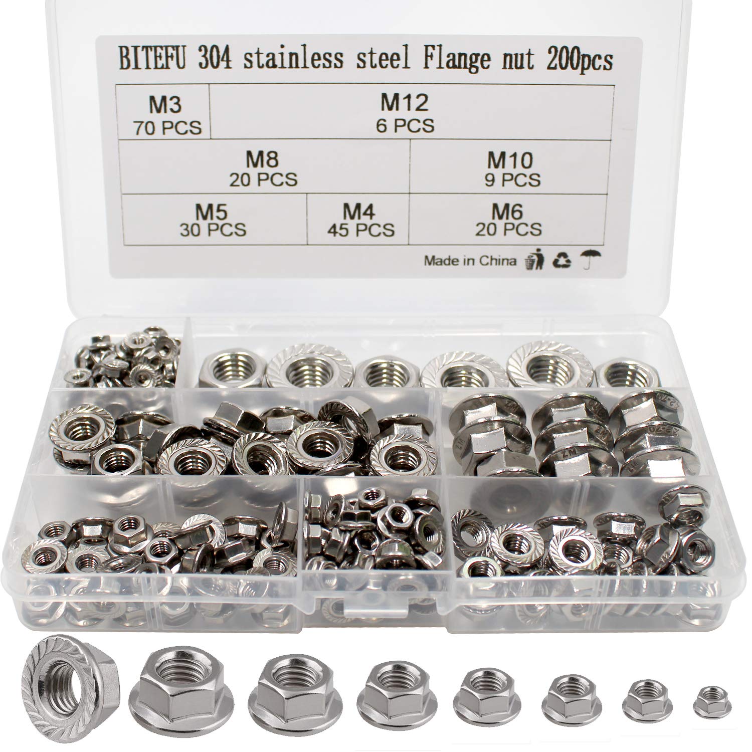 BITEFU 200pcs Metric Hex Flange Nuts M3 M4 M5 M6 M8 M10 M12 304 Stainless Steel Serrated Flange Hex Lock Nuts Assortment Kit Set