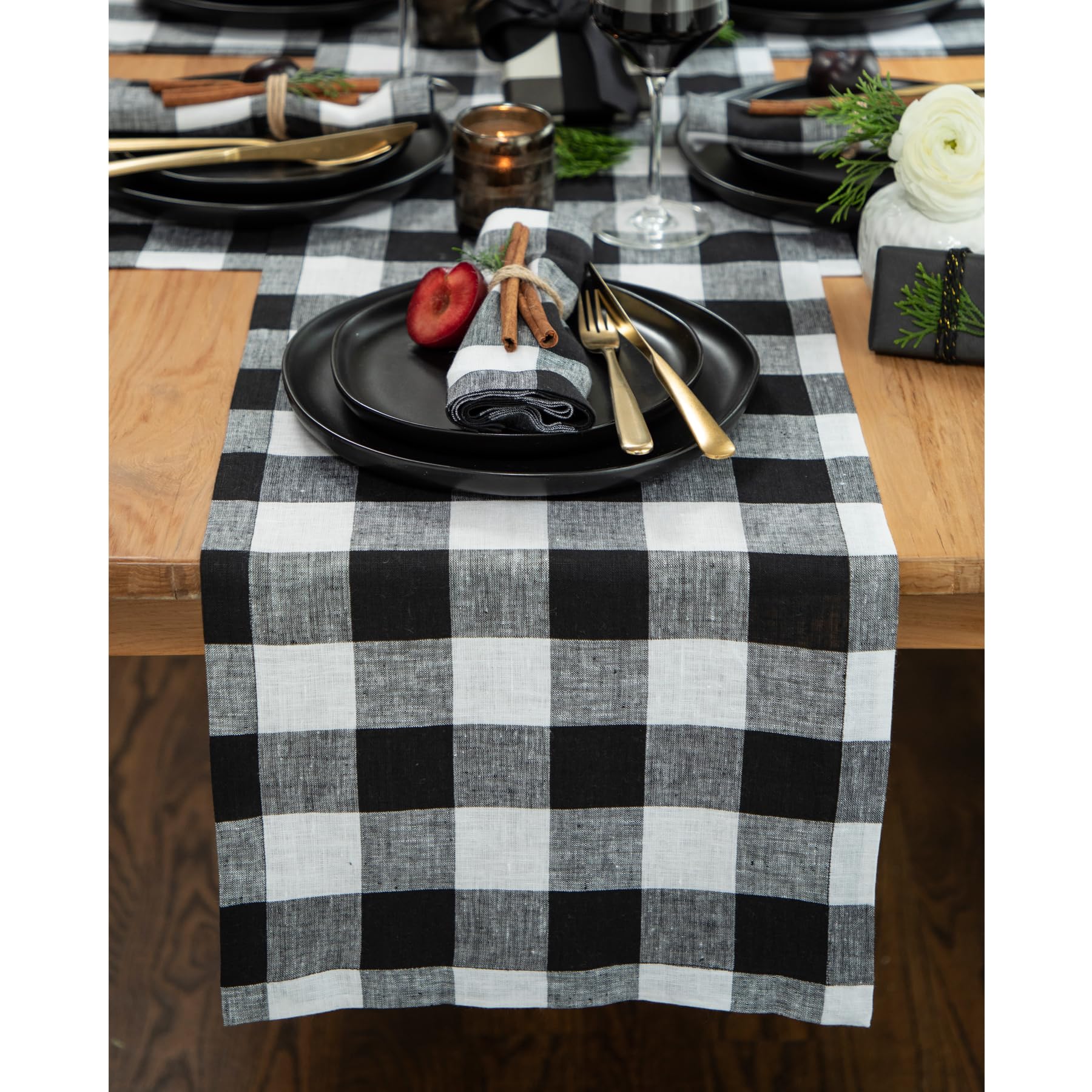 Solino Home Linen Checkered Table Runners 90 Inches Long - 100% Pure Linen Black and White Buffalo Check Table Runner 14 x 90 Inch Ideal for Dining, Mothers Day