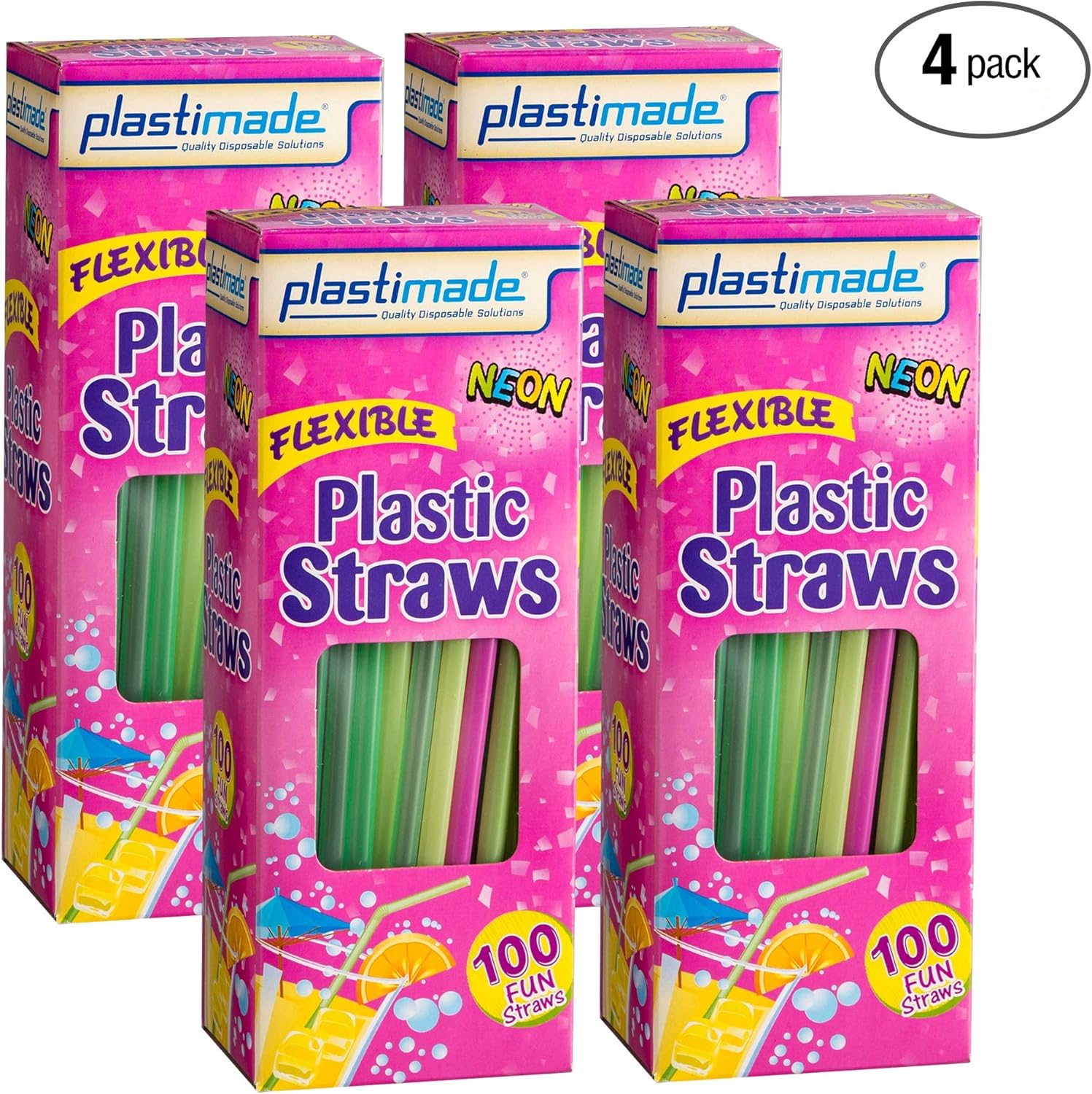 [400 Count] Plastimade Fun Colored Plastic Disposable Drinking Flexible Straws For Home, Office, Wedding, Events, Parties, Take Out, Water, Juice, Soda, Beer, Cocktails, (4 Packs): Kitchen & Dining
