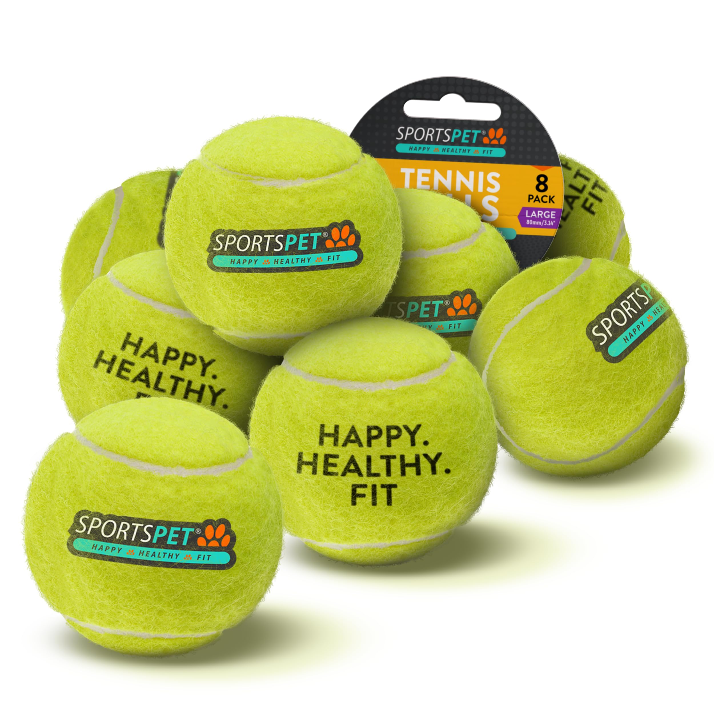 SPORTSPET Large Tennis Balls for Dogs - Extra Bouncy - Non Toxic - Durable - Long Lasting - Floats - 80mm (8 Pack)