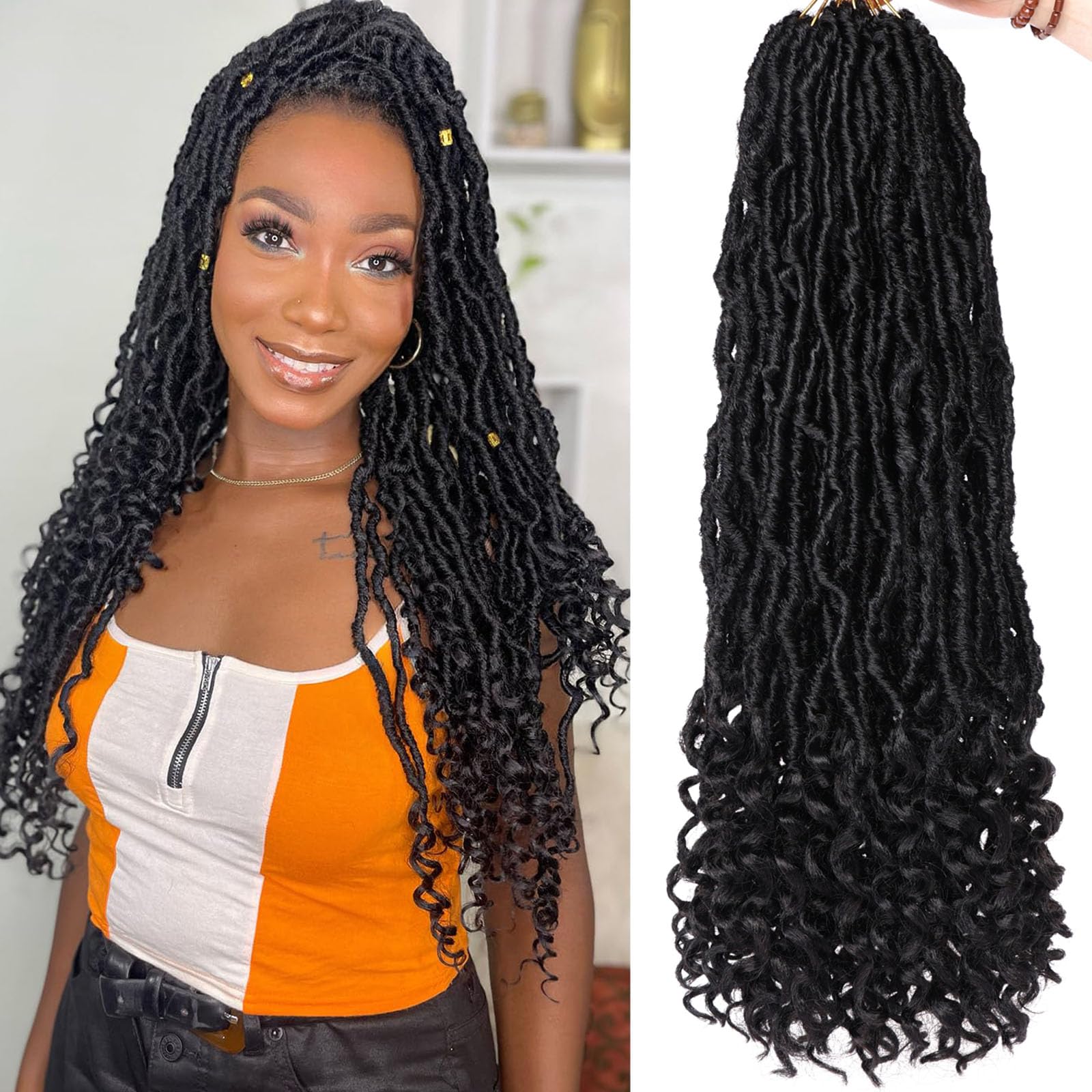 Samtress 24 Inch Nu Faux Locs Crochet Hair With Curly Ends 7 Packs Pre-looped Soft Locs Braiding Hair Synthetic Natural Black Goddess Locs Crochet Hair Extensions (#1B) — image 1
