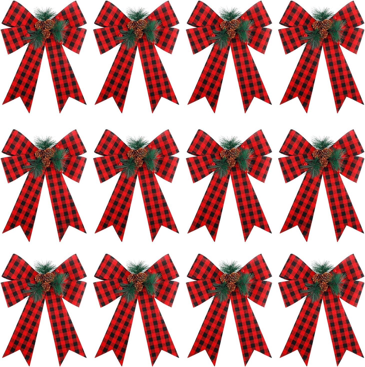 Bows & Ribbons - Funarty Christmas Red Buffalo Plaid Bows 12 Pack Large Waterproof Holiday Decorative Bows with Pinecone 9 x 12 Inches for Wreath Garland Christmas Tree Topper Outdoor Decorations