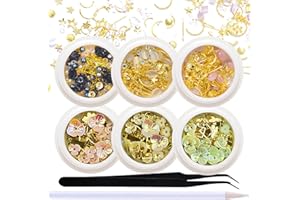 SILPECWEE 6 Boxes 3D Nail Art Decoration Set Cat Eye Stones Shell Flower Metal Nail Studs Manicure Jewelry with 1Pc Tweezers and Picker Pencil